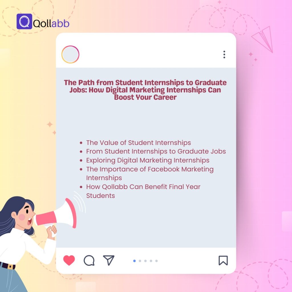 An illustration of a social media post with a heading and a list of subheadings. The background is a gradient of pastel pink and yellow. The post contains the Qollabb logo at the top left corner. A character with long dark hair is shouting through a megaphone on the bottom left.