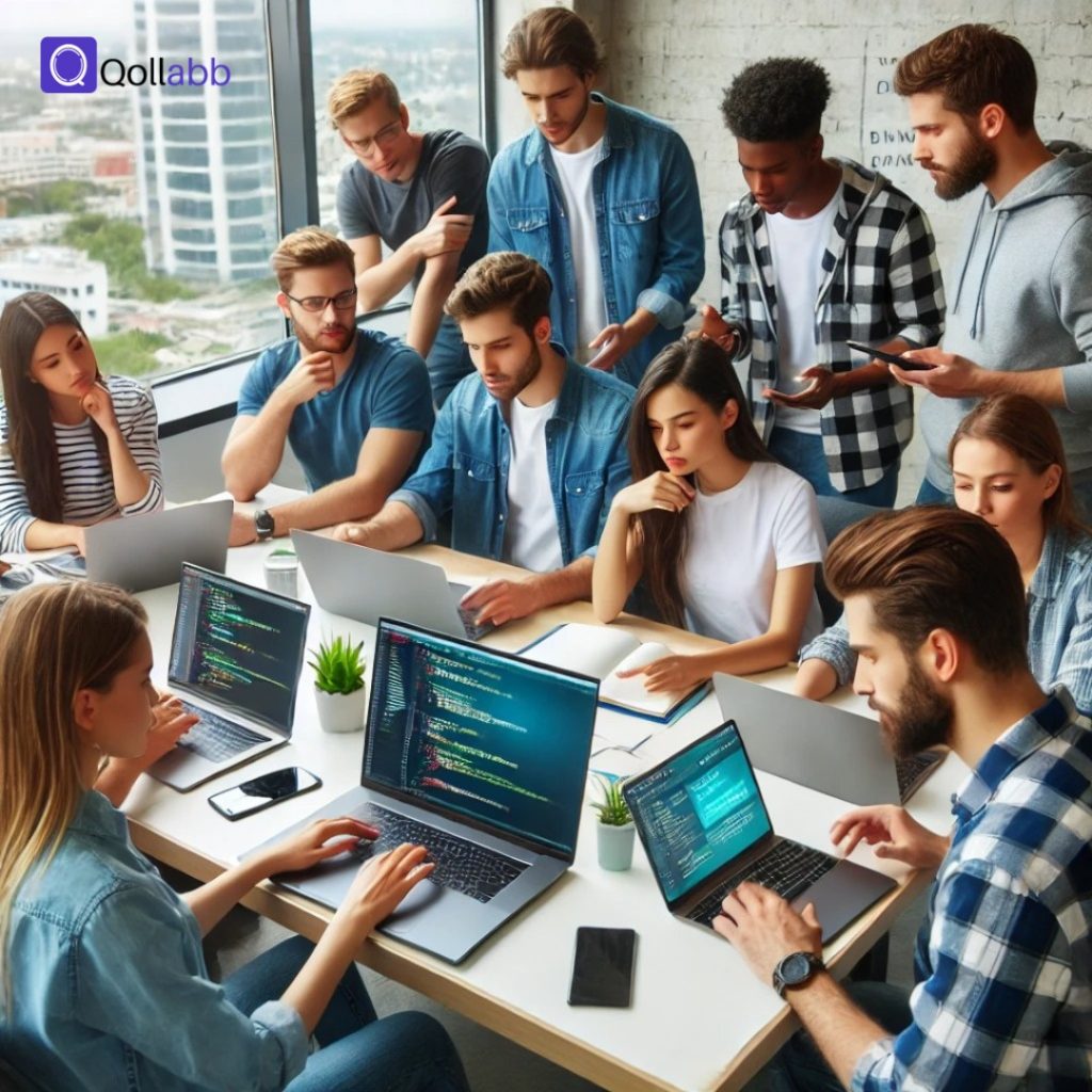 Group of young professionals collaborating on app and software development projects using laptops in a modern office setting.