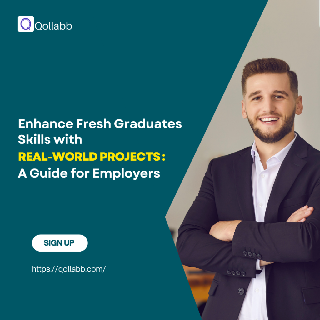 A professional man in a suit smiles confidently with arms crossed. Text on the image reads: 'Enhance Fresh Graduates Skills with REAL-WORLD PROJECTS: A Guide for Employers.' The Qollabb logo is displayed at the top, and a 'Sign Up' button and website URL are visible at the bottom.