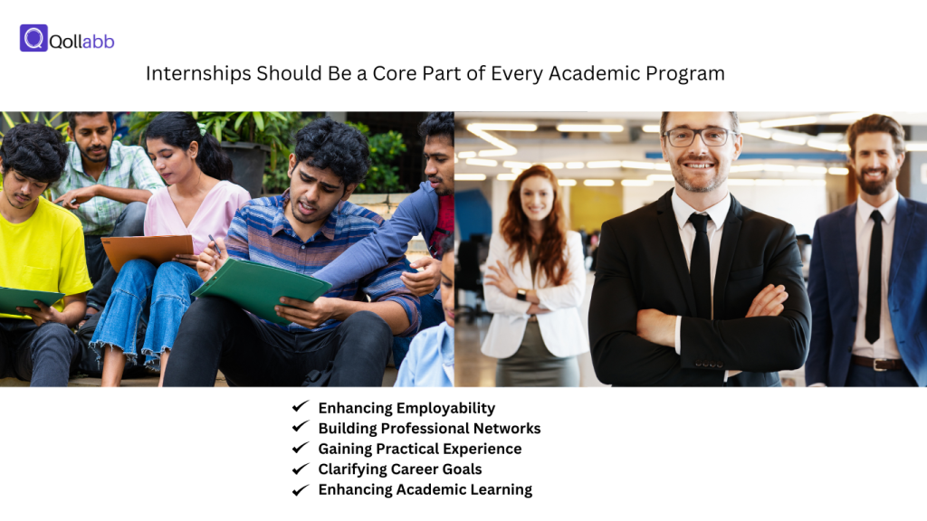 A collage image showing students studying and professionals confidently posing in a workplace, highlighting the importance of internships in academic programs.