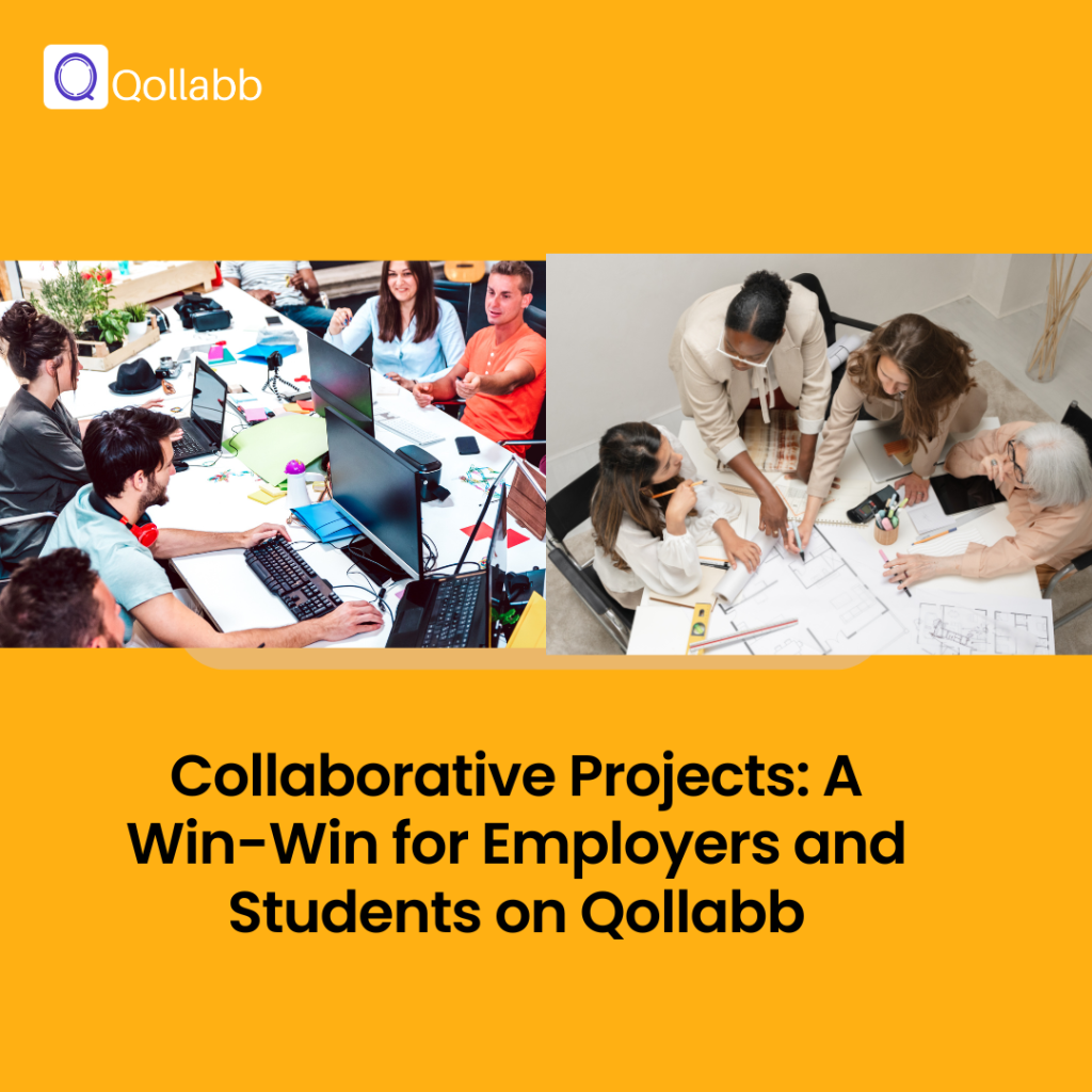 Diverse group of students and professionals collaborating on projects at a shared workspace, representing the mutual benefits of collaborative projects facilitated by Qollabb