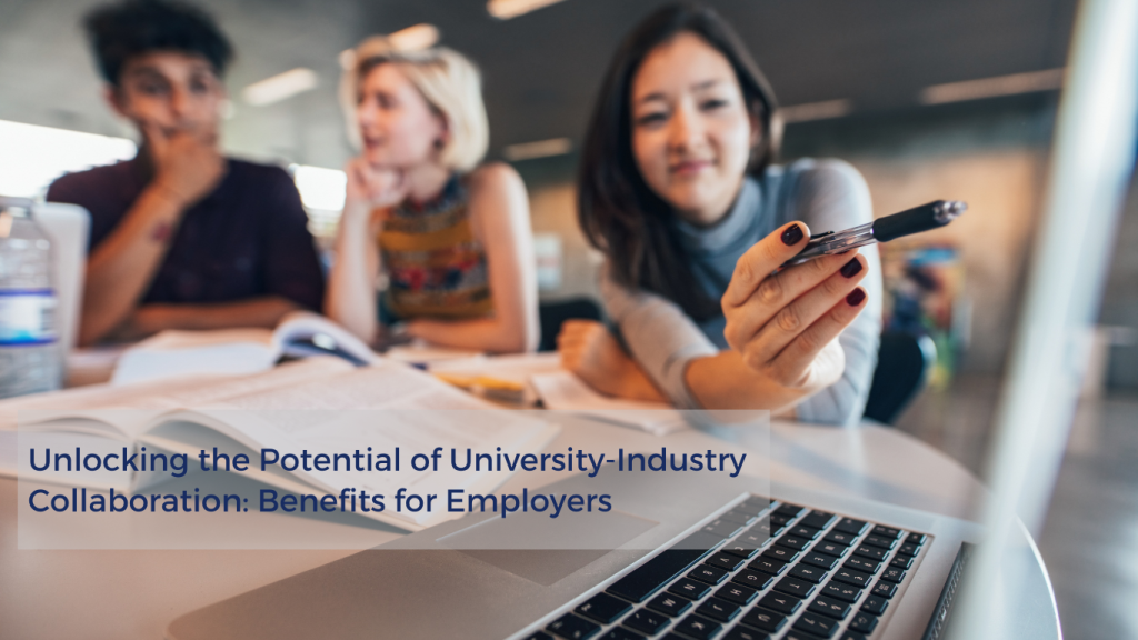 A group of young professionals collaborating around a laptop in a modern workspace, symbolizing the benefits of university-industry partnerships for employers.