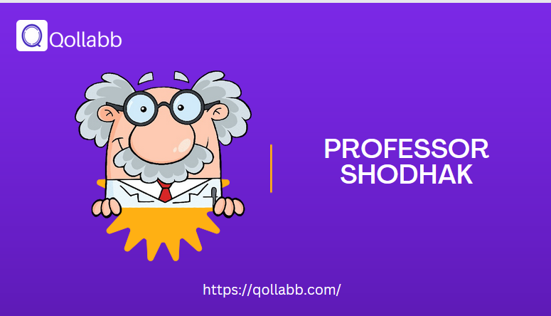 Illustration of a cartoon professor character with wild gray hair and glasses, set against a purple background. The text 'Professor Shodhak' is displayed beside the character, along with the Qollabb logo and website URL.