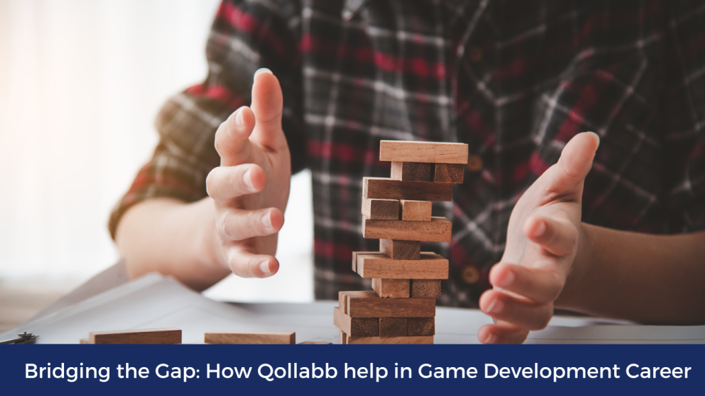 A person carefully stacking wooden blocks, symbolizing building a strong foundation in game development through Qollabb's career-boosting opportunities.