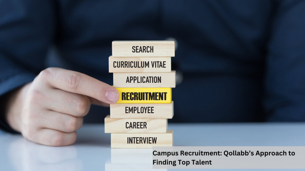 Hand pulling a wooden block labeled "Recruitment" from a stack of blocks that includes terms like search, CV, application, and career, symbolizing the process of campus recruitment.