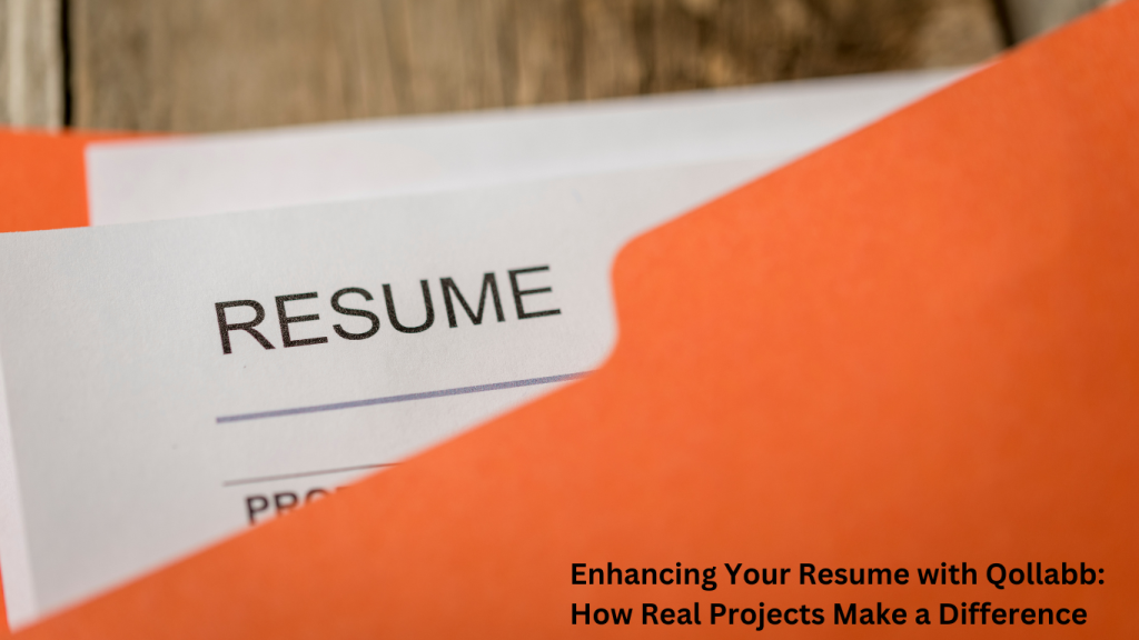 A close-up image of a resume partially inside an orange folder, representing how real-world projects can enhance a student's resume.