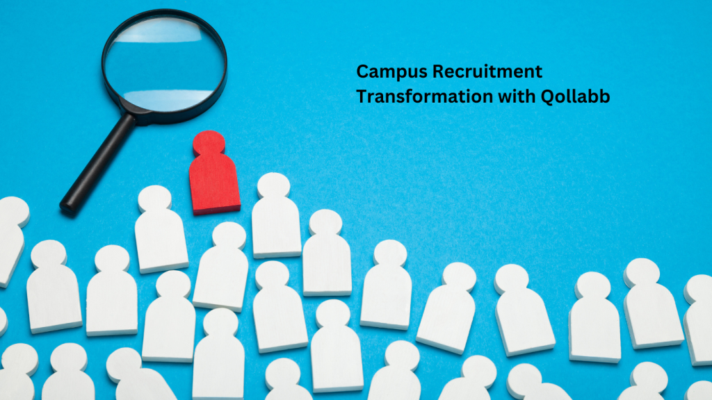 Magnifying glass highlighting a red figure among white figures, symbolizing talent selection during campus recruitment.