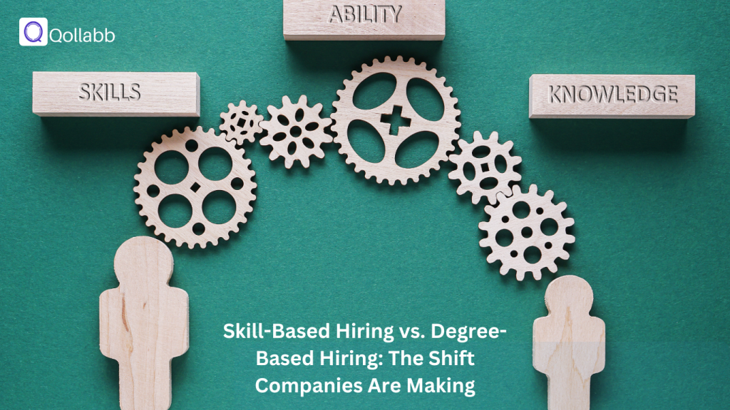 Wooden figures connected by gears symbolizing skills, knowledge, and ability, with the title "Skill-Based Hiring vs. Degree-Based Hiring: The Shift Companies Are Making."