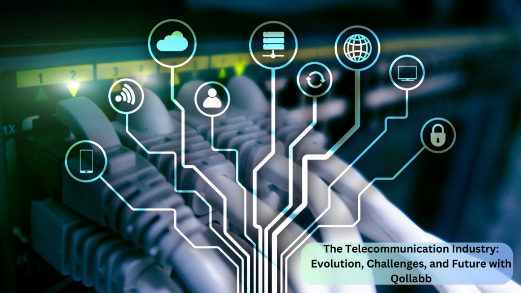 A close-up of ethernet cables connected to a network device with icons representing cloud computing, wireless connectivity, data security, and global communication overlaying the image. The title "The Telecommunication Industry: Evolution, Challenges, and Future with Qollabb" is displayed at the bottom.