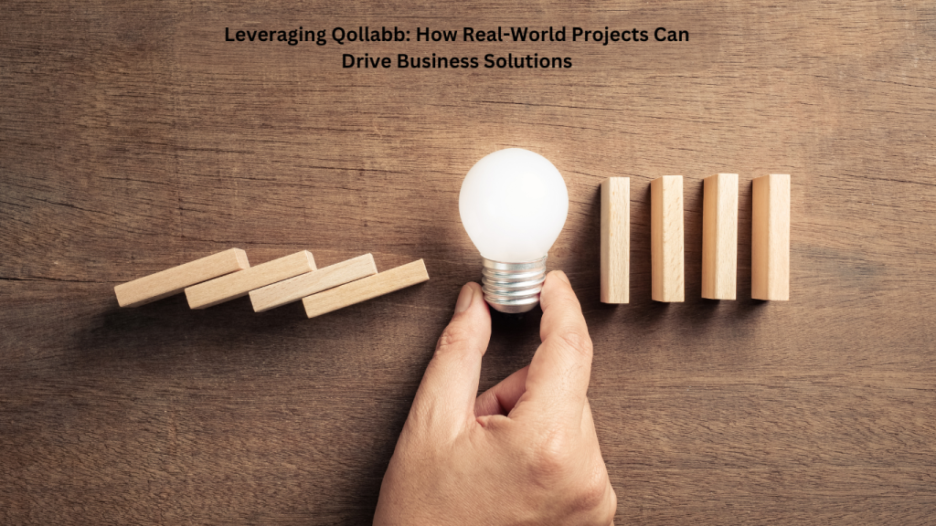 A hand holding a glowing light bulb placed between two sets of falling dominoes, symbolizing innovation and problem-solving. The title "Leveraging Qollabb: How Real-World Projects Can Drive Business Solutions" is displayed at the top.