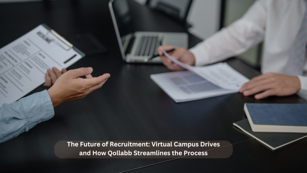 A recruitment meeting with two professionals exchanging resumes across a desk, emphasizing Qollabb’s role in virtual campus drives for streamlined hiring processes