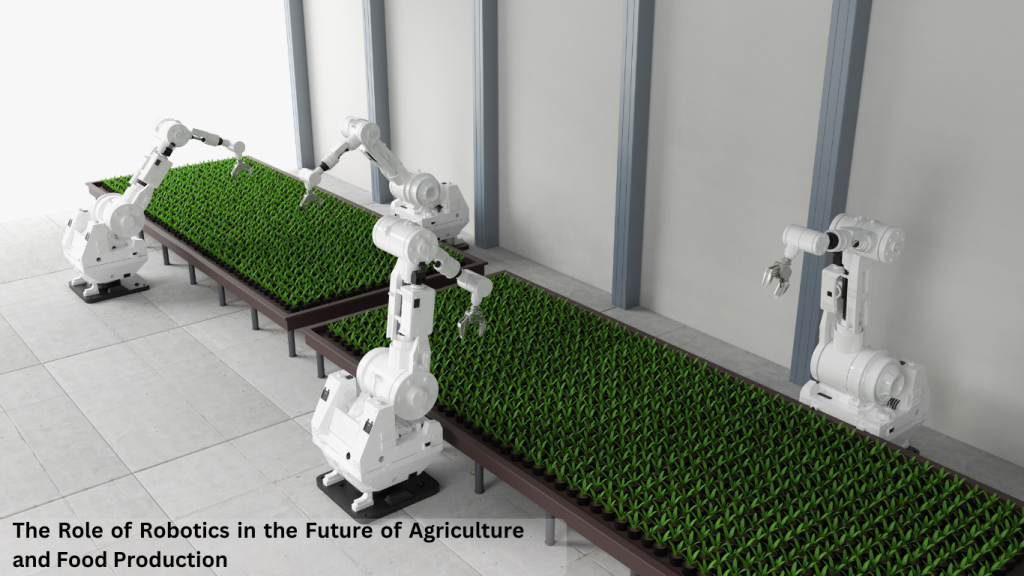 Robotic arms tending to rows of green plants in an indoor farming facility, illustrating the role of robotics in modern agriculture and food production.