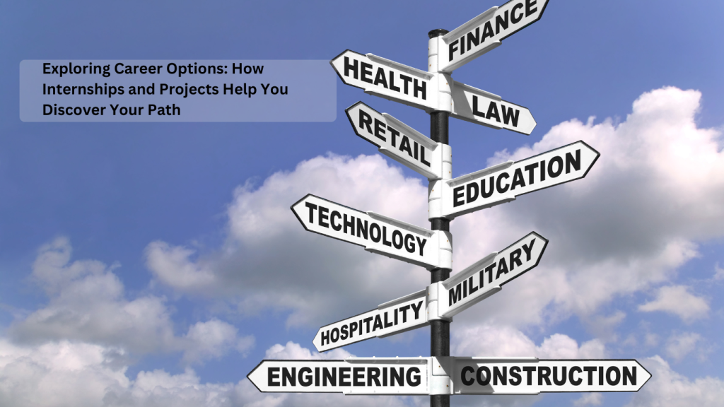 A signpost with arrows pointing to various career paths, including health, finance, law, retail, and education, against a blue sky background.