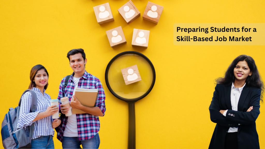 College students standing with books and coffee, next to a corporate professional against a yellow background, with a magnifying glass highlighting icons representing job candidates.