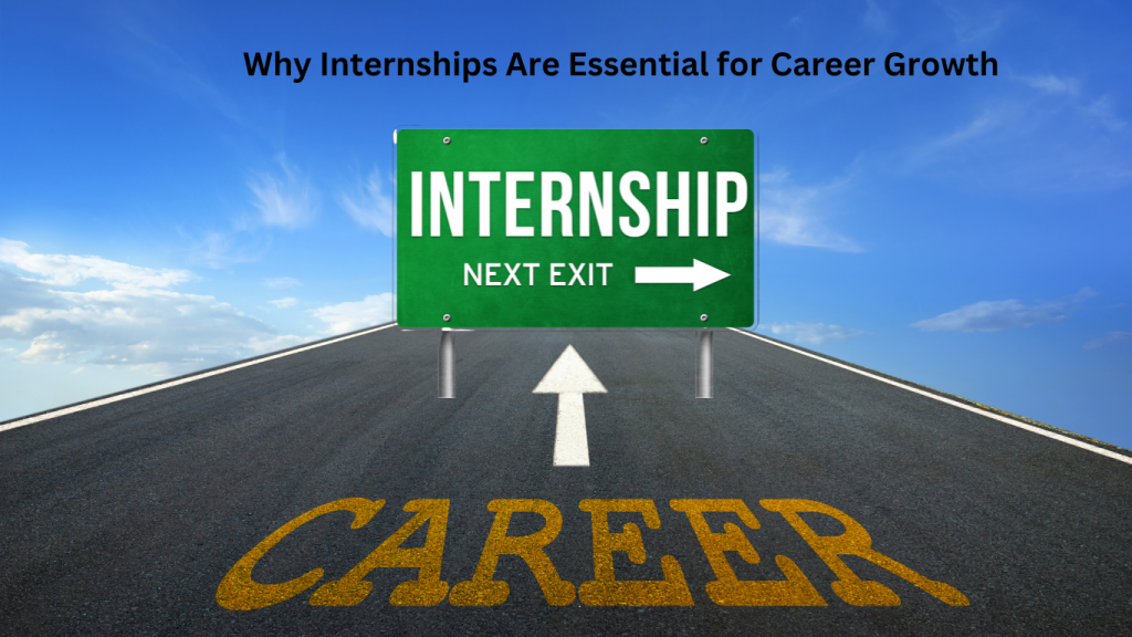 A road leading to a sign that reads "Internship Next Exit," symbolizing the pathway from internships to career growth.