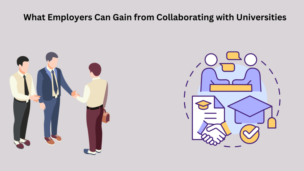 Illustration showing employers and university representatives shaking hands, symbolizing collaboration and partnership to access emerging talent and foster innovation.