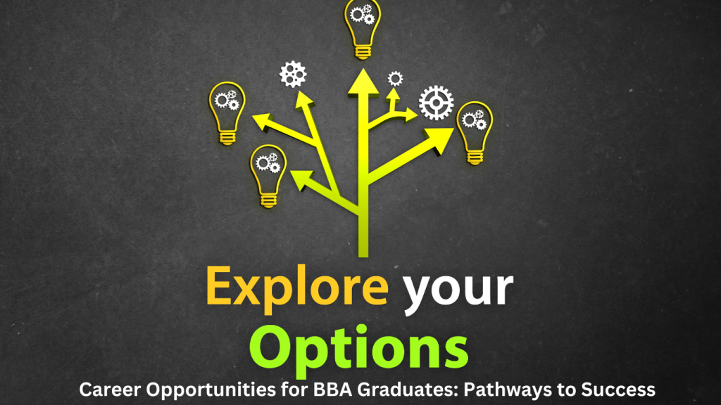 Career paths and options for BBA graduates illustrated by lightbulbs and arrows branching out on a chalkboard.