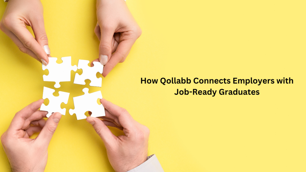 Four hands holding puzzle pieces, symbolizing the connection between employers and job-ready graduates through Qollabb.