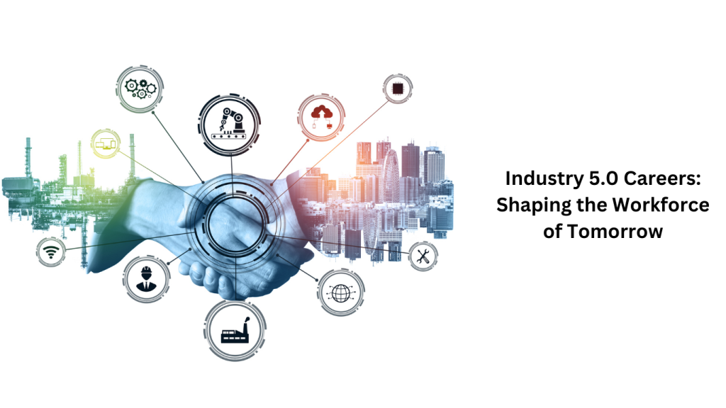 A visual representation of Industry 5.0 with interconnected icons showcasing technology, automation, and human collaboration, overlaying a cityscape and a handshake.