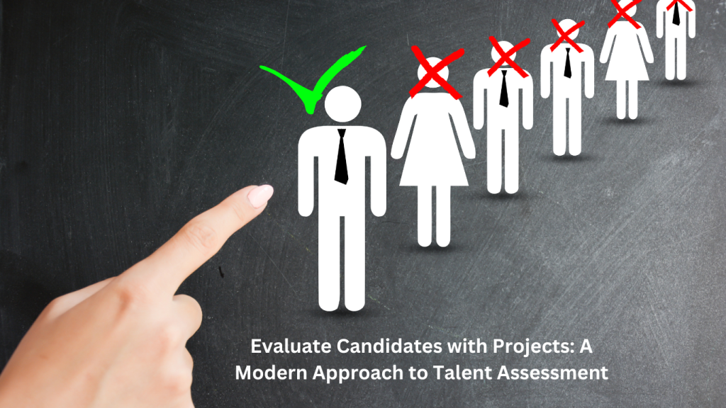 A chalkboard illustration of a hand pointing to a selected candidate, showcasing how to evaluate candidates with projects for effective hiring