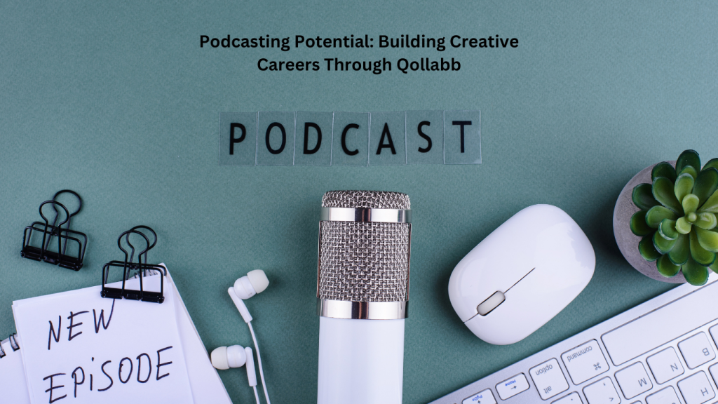 A podcasting setup with a microphone, earphones, a mouse, a keyboard, and a notepad that reads "New Episode," with the text "Podcasting Potential: Building Creative Careers Through Qollabb" displayed above