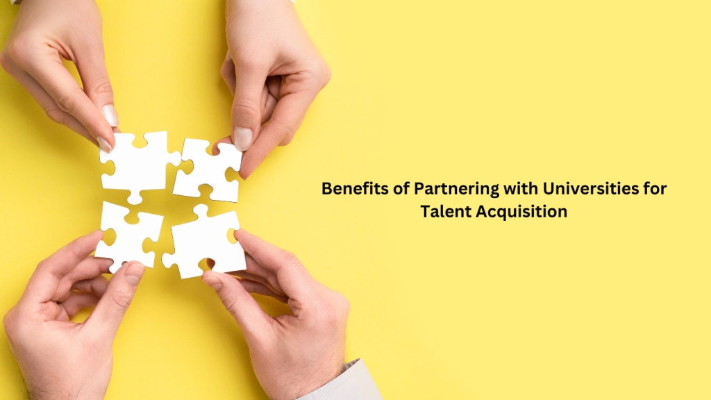 Four hands holding puzzle pieces coming together on a yellow background, symbolizing collaboration and partnership between university and company