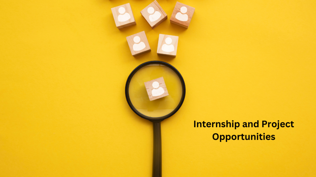 A magnifying glass focusing on a wooden block with a user icon, surrounded by similar blocks on a yellow background, representing internship and project opportunities.