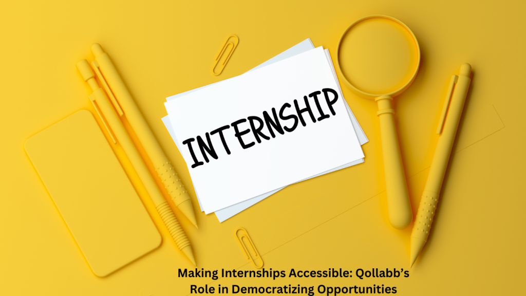 A vibrant yellow workspace setup featuring a magnifying glass, pens, and a card with the word "Internship" written on it, symbolizing the concept of opportunities and accessibility.