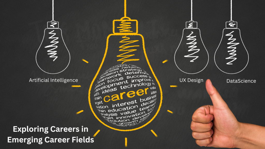 Illustration of three light bulbs labeled "Artificial Intelligence," "UX Design," and "Data Science," with a thumb-up symbol and the word "career" highlighted in the central bulb.