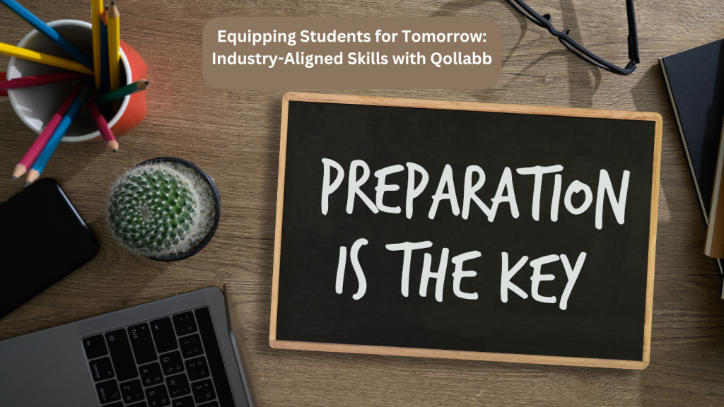 A desk setup with a small cactus, colored pencils in a container, glasses, a laptop, and a chalkboard that reads "Preparation is the Key," emphasizing the importance of readiness.