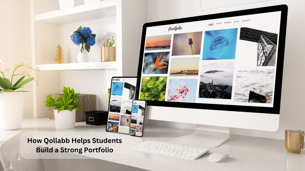 A modern workspace featuring a desktop screen and mobile devices displaying a professional portfolio, symbolizing how Qollabb helps students build strong portfolios.