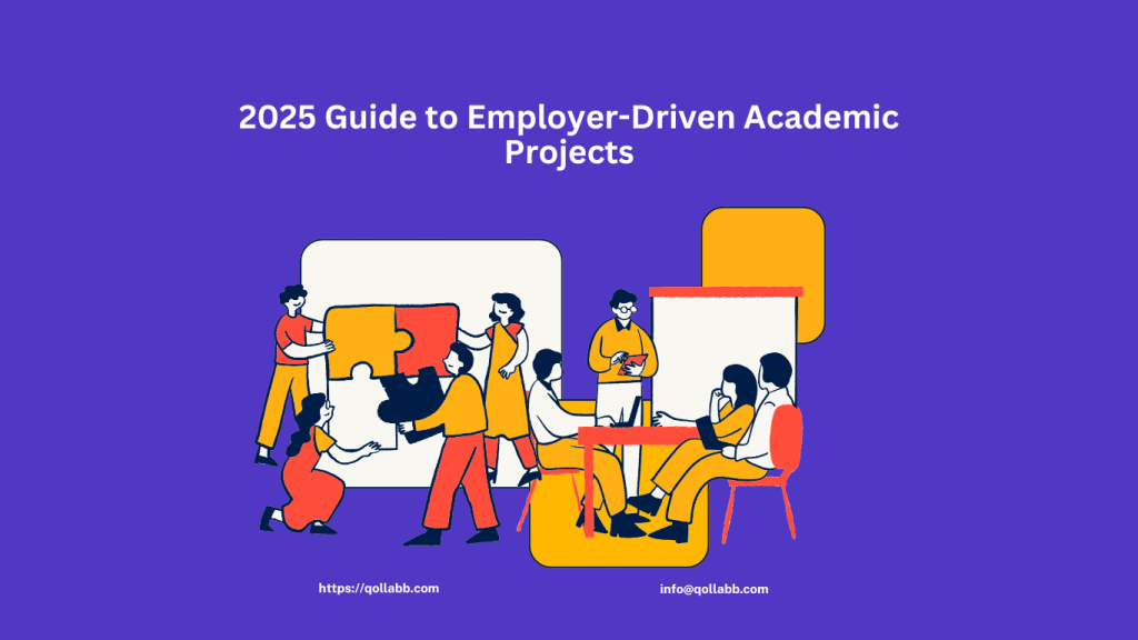 An illustration of individuals collaborating on a puzzle and engaging in discussions at a desk, symbolizing teamwork and academic-industry collaboration. The image includes the title "2025 Guide to Employer-Driven Academic Projects" in bold text at the top, set against a purple background with vibrant orange and yellow accents.