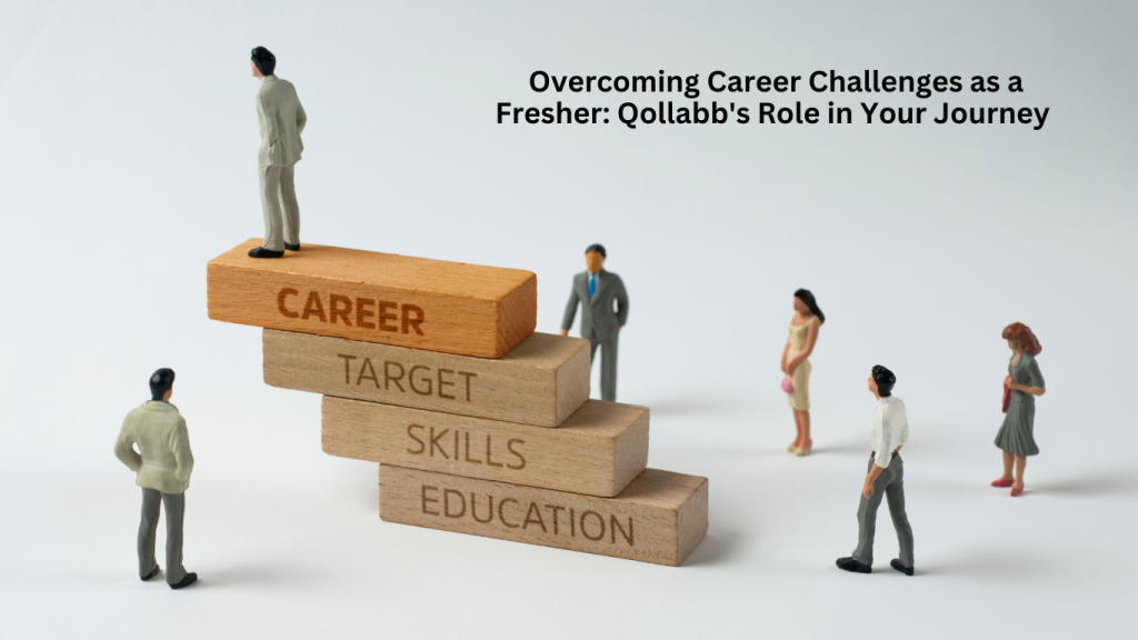 Miniature figures standing near wooden blocks labeled Education, Skills, Target, and Career, symbolizing career progression for fresh graduates.