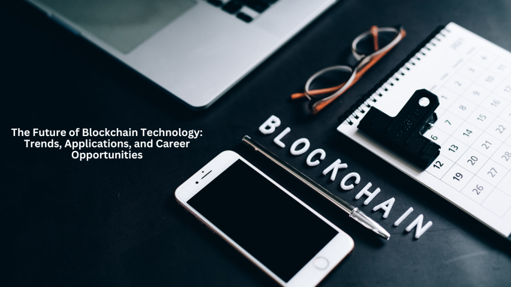 A flat-lay image showcasing a workspace with a laptop, smartphone, notepad, and the word "Blockchain" spelled out on a dark surface, symbolizing the concept of blockchain technology.