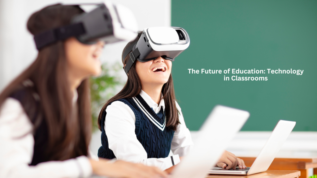 Two students wearing virtual reality headsets and smiling, experiencing immersive learning in a classroom environment, with laptops in front of them