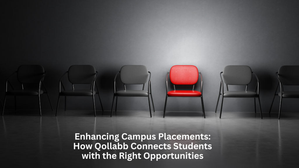 A row of black chairs with one prominent red chair in the center, symbolizing unique opportunities in campus placements.