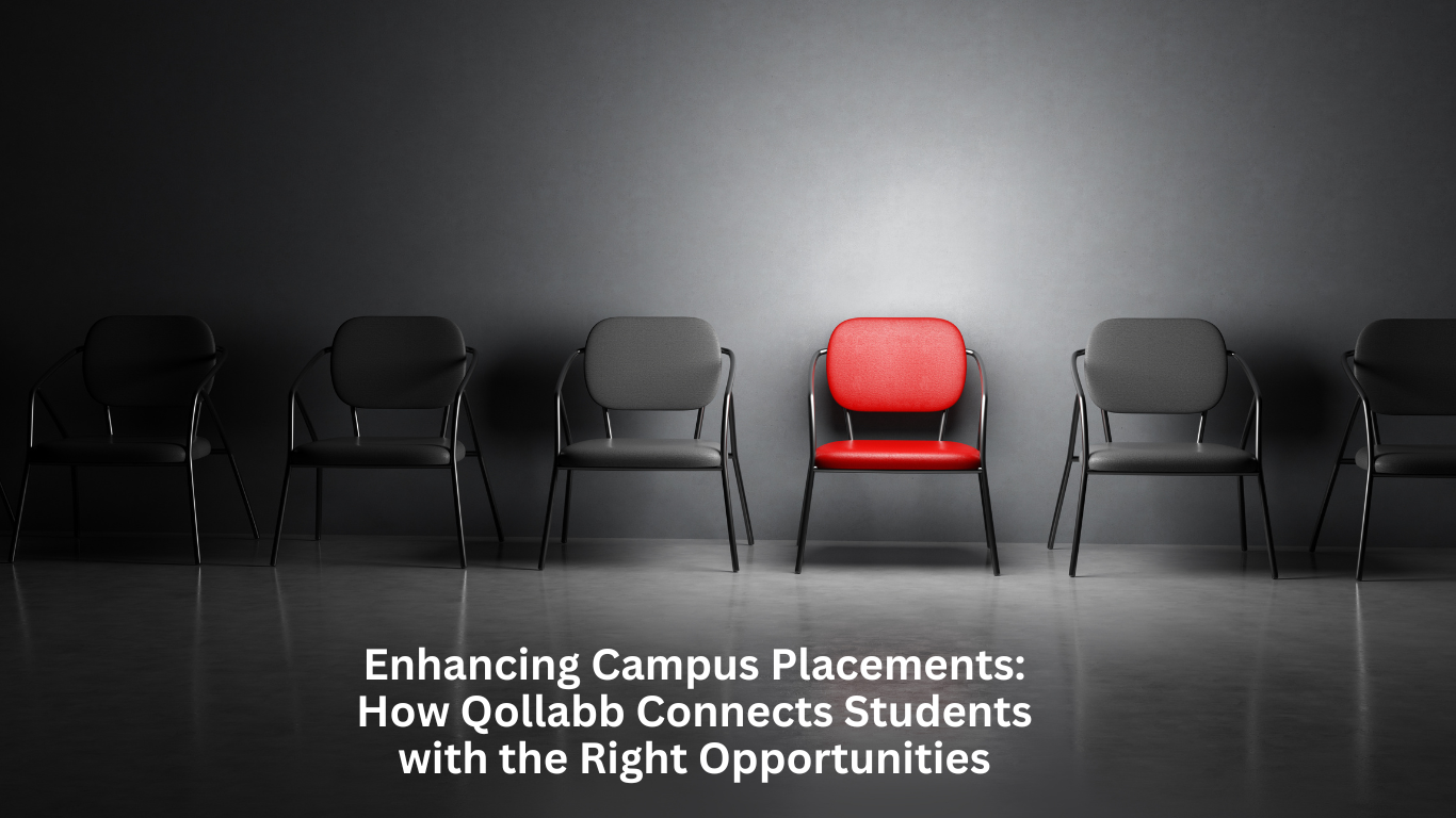 A row of black chairs with one prominent red chair in the center, symbolizing unique opportunities in campus placements.