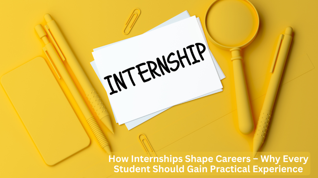 A white card with the word "INTERNSHIP" written in bold black letters is placed on a yellow desk with stationery items, symbolizing the importance of internships in career growth.