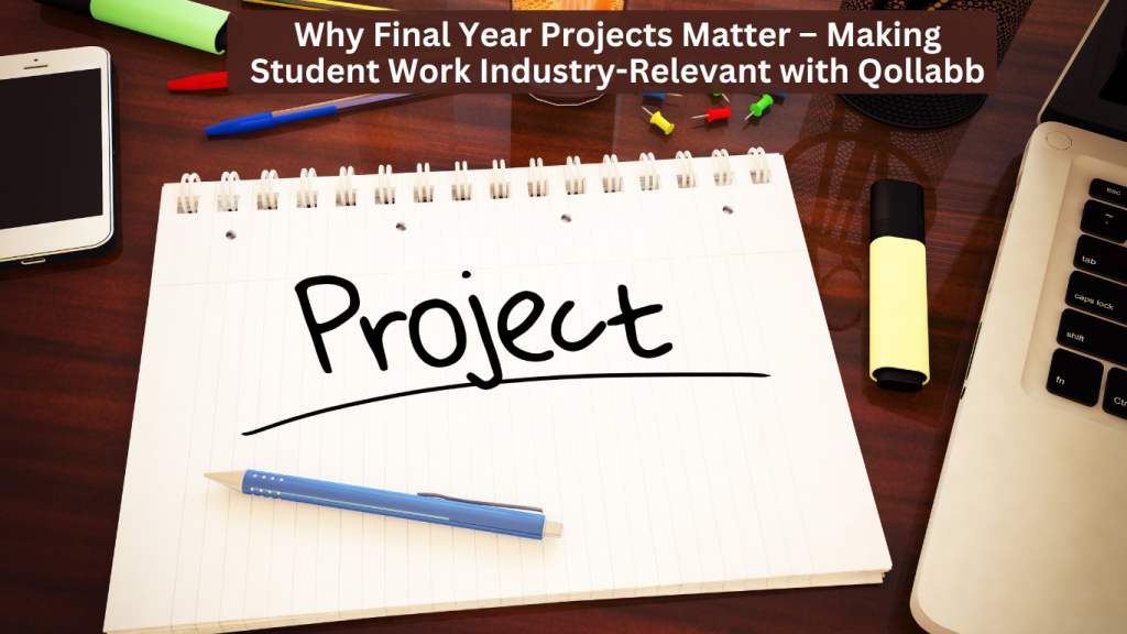 A spiral notebook with the word "Project" written on it, placed on a wooden desk surrounded by stationery, a smartphone, and a laptop, symbolizing the importance of final-year projects in career development.