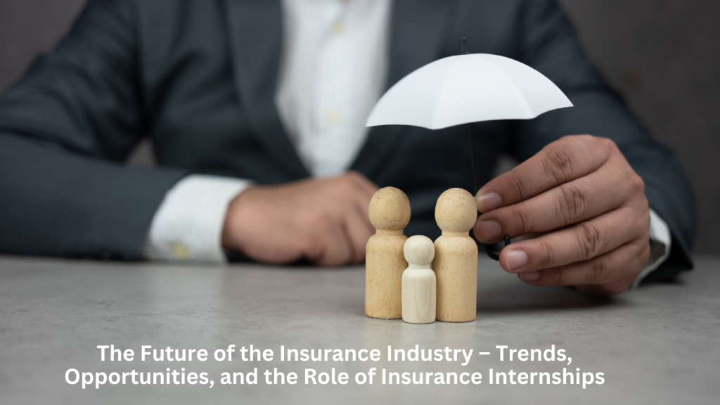 A businessman in a suit holds a white umbrella over wooden figures symbolizing people, representing insurance protection and financial security.