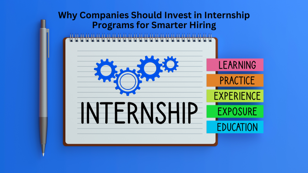 A notepad with the word "Internship" written on it, featuring blue gears symbolizing work experience and career growth. Colorful labels on the side highlight key aspects: Learning, Practice, Experience, Exposure, and Education.