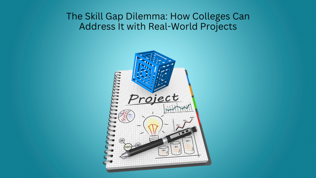 A notebook labeled "Project" with sketches of graphs, light bulbs, and data analysis, symbolizing real-world learning. A 3D blue cube hovers above, representing innovation. This image illustrates how real-world projects can bridge the skill gap in education.