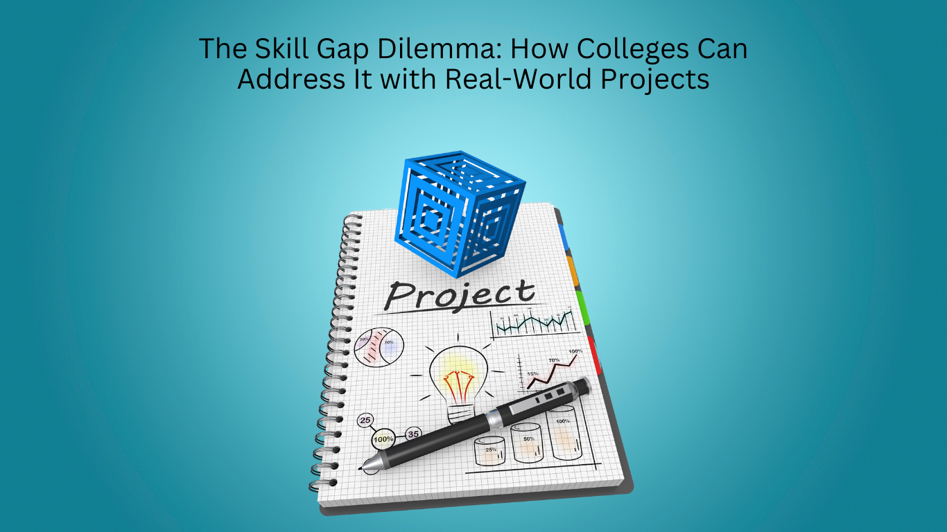 A notebook labeled "Project" with sketches of graphs, light bulbs, and data analysis, symbolizing real-world learning. A 3D blue cube hovers above, representing innovation. This image illustrates how real-world projects can bridge the skill gap in education.