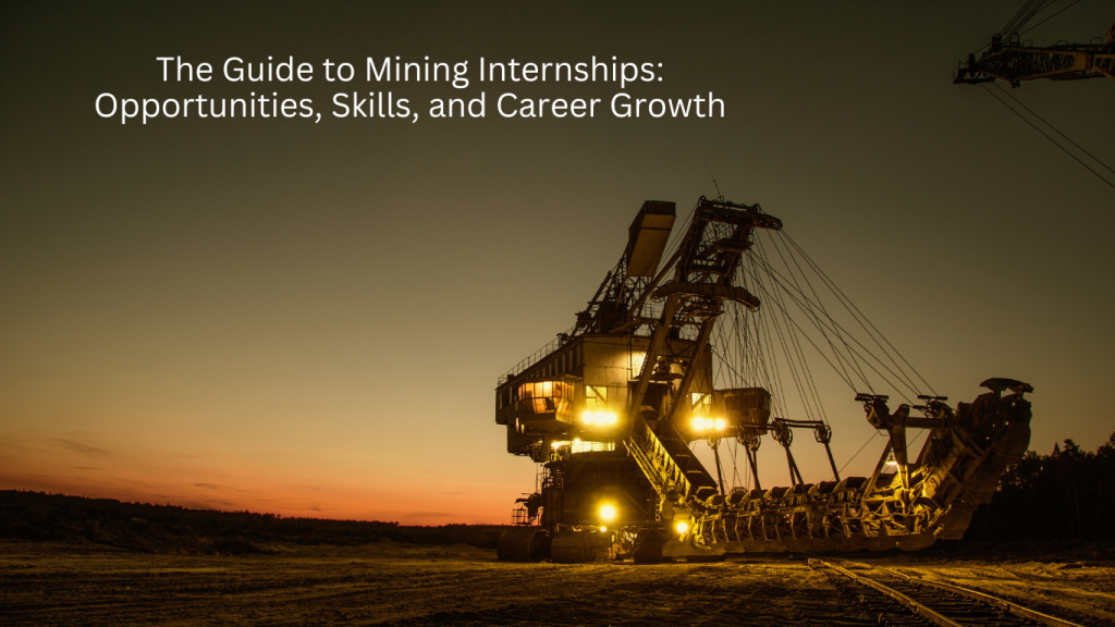 An industrial mining machine illuminated against the evening sky, representing opportunities in mining internships, skill development, and career growth.