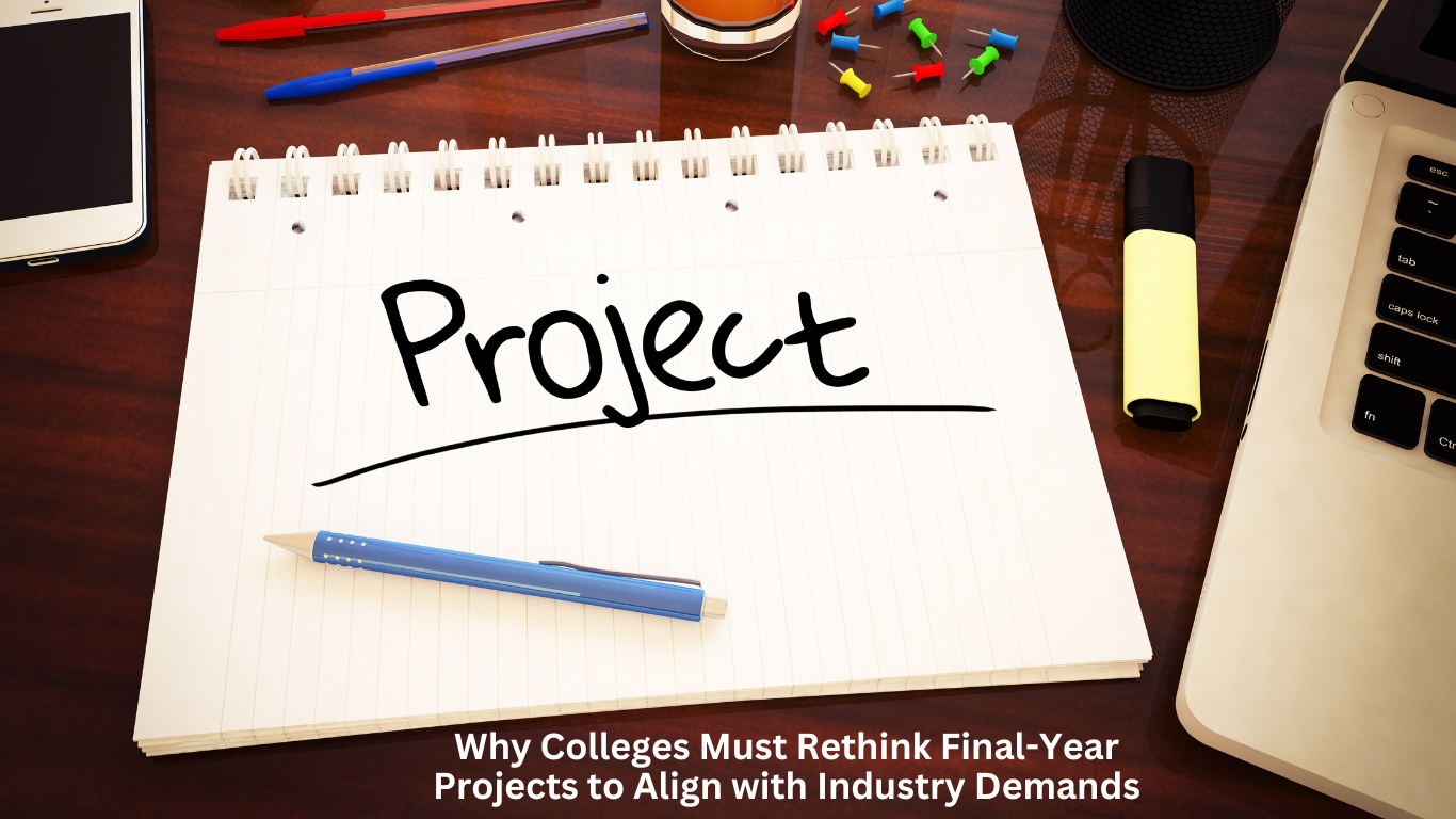 A notebook with "Project" written on it, surrounded by office supplies like pens, push pins, and a laptop, representing the importance of final-year projects in aligning with industry demands.