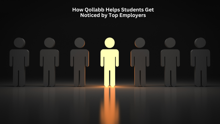 A glowing human icon stands out among a row of dark figures, symbolizing how Qollabb helps students get noticed by top employers.