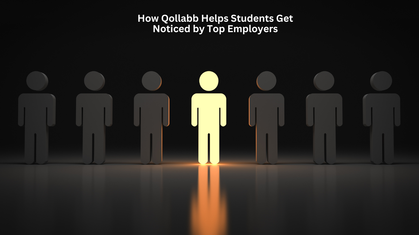 A glowing human icon stands out among a row of dark figures, symbolizing how Qollabb helps students get noticed by top employers.