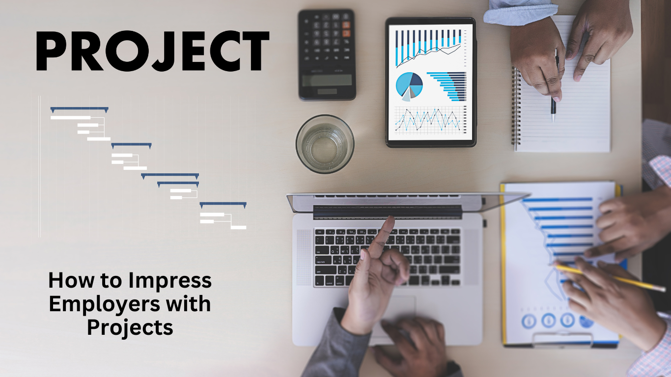 People collaborating on a project report with graphs and data charts on screen, showcasing how to impress employers with projects.