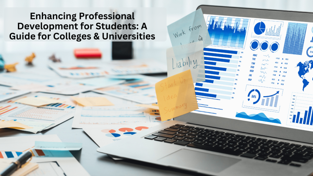 A laptop displaying data analytics charts, surrounded by business documents and sticky notes with startup ideas, representing professional development for students.