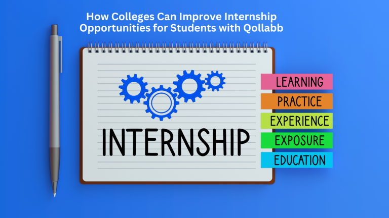 A notepad with gears and the word “Internship” surrounded by labels: Learning, Practice, Experience, Exposure, and Education—representing how colleges can improve internship opportunities.